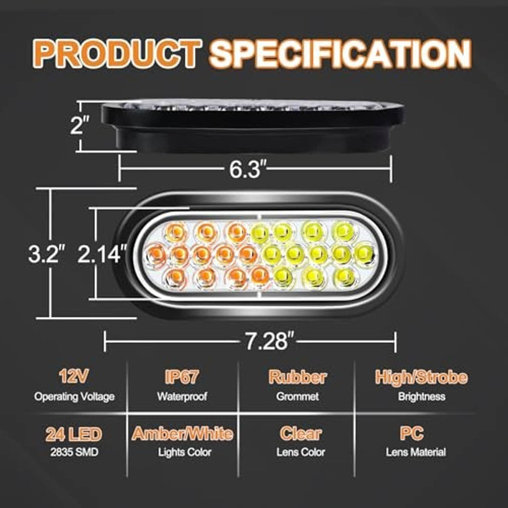 Oval LED strobe light diagram showing amber/white 24-LED layout and rubber grommet