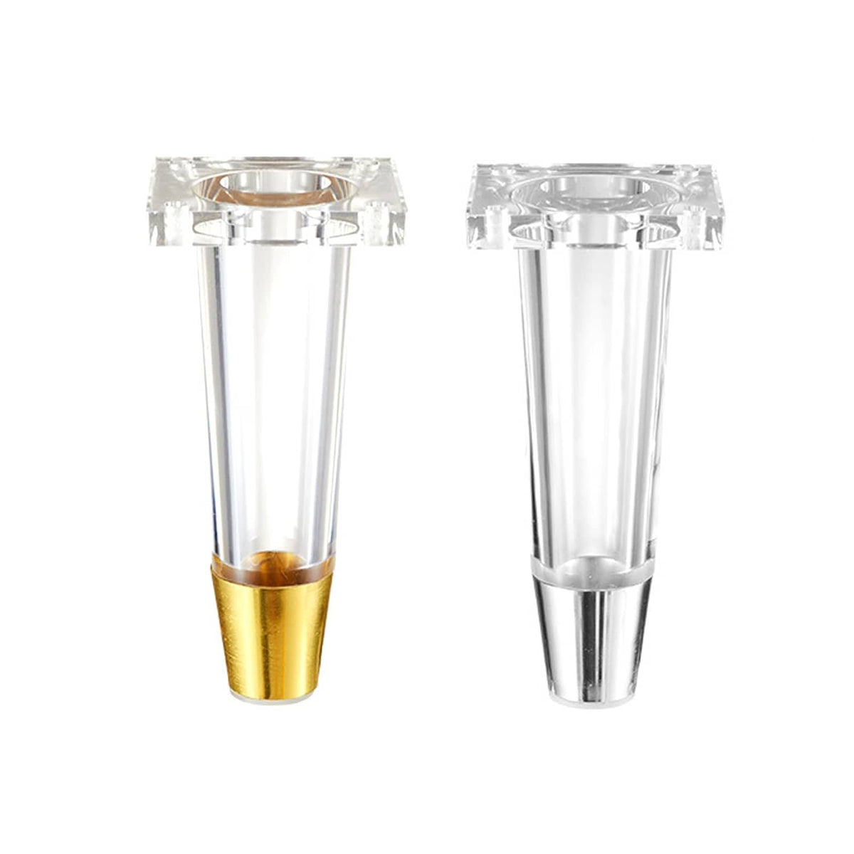 Pair of clear acrylic table legs with gold and silver bottom sleeves