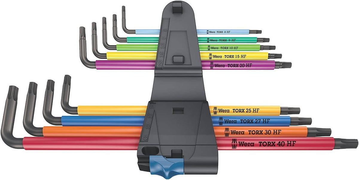 Torx L-key set with multicolour keys arranged in black holding holder, holding function
