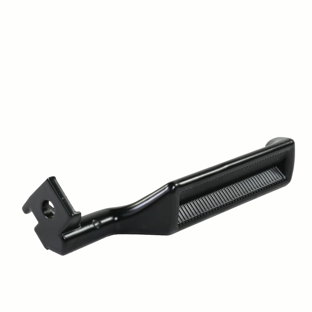 Black metal inside door handle with textured grip and underside bracket