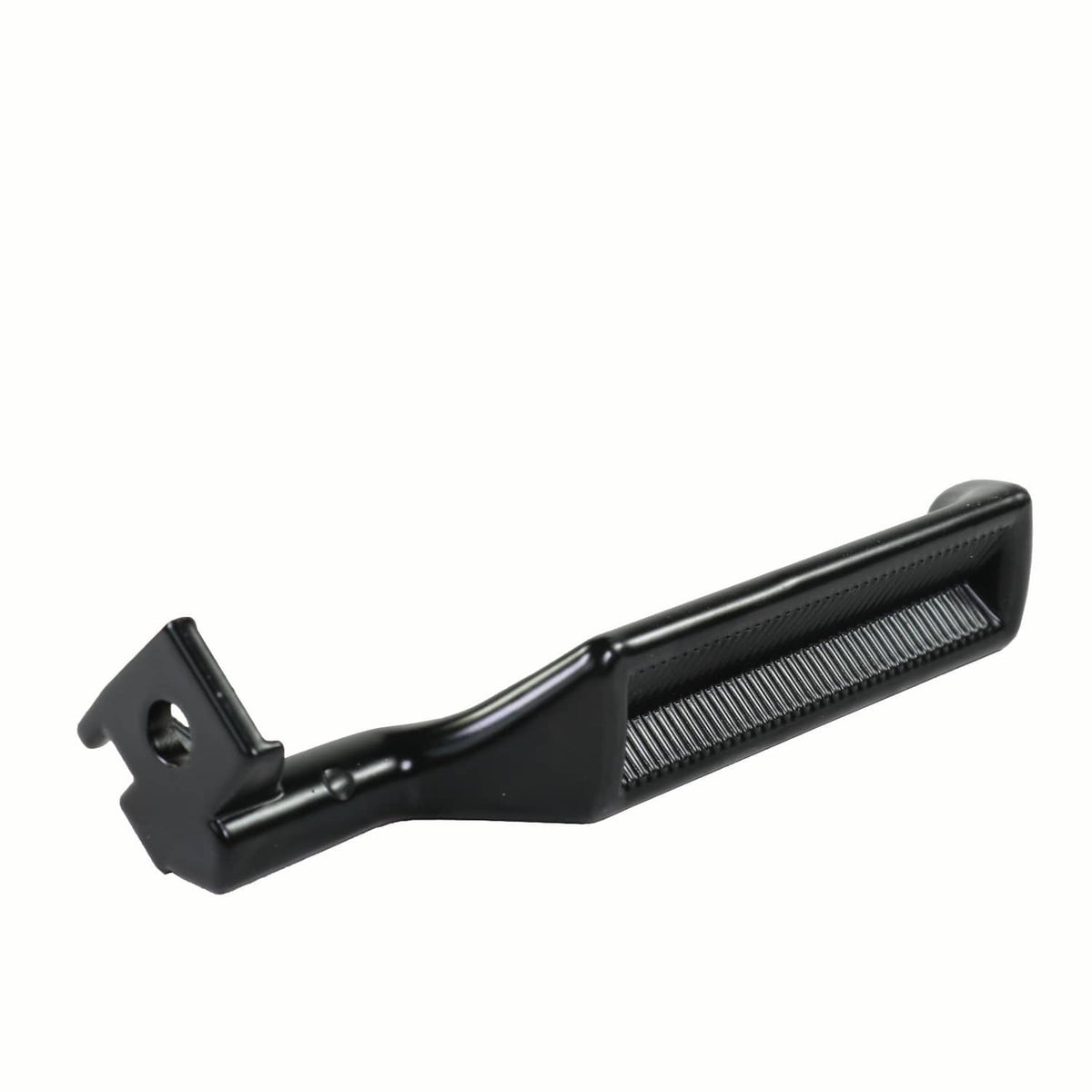 Black metal inside door handle with textured grip and underside bracket