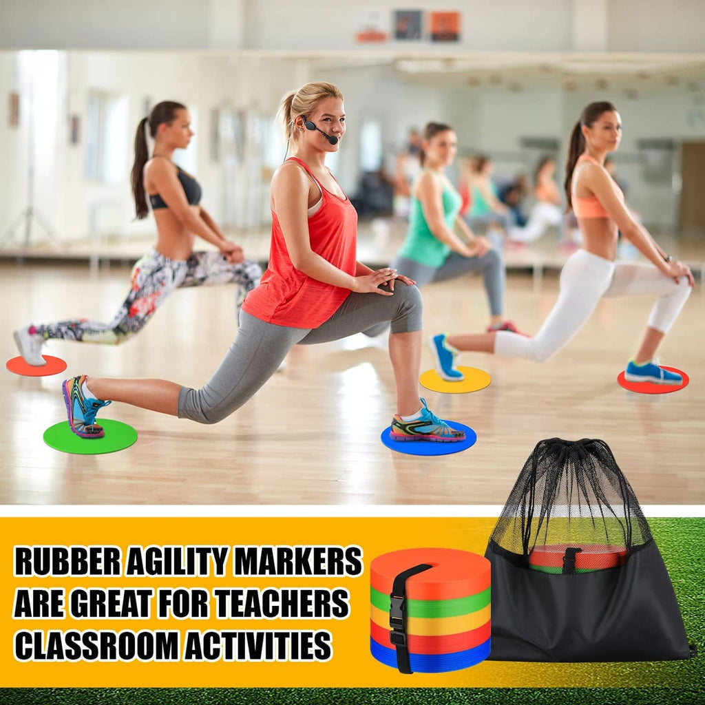 Colorful rubber agility markers with black drawstring bag for classroom activities