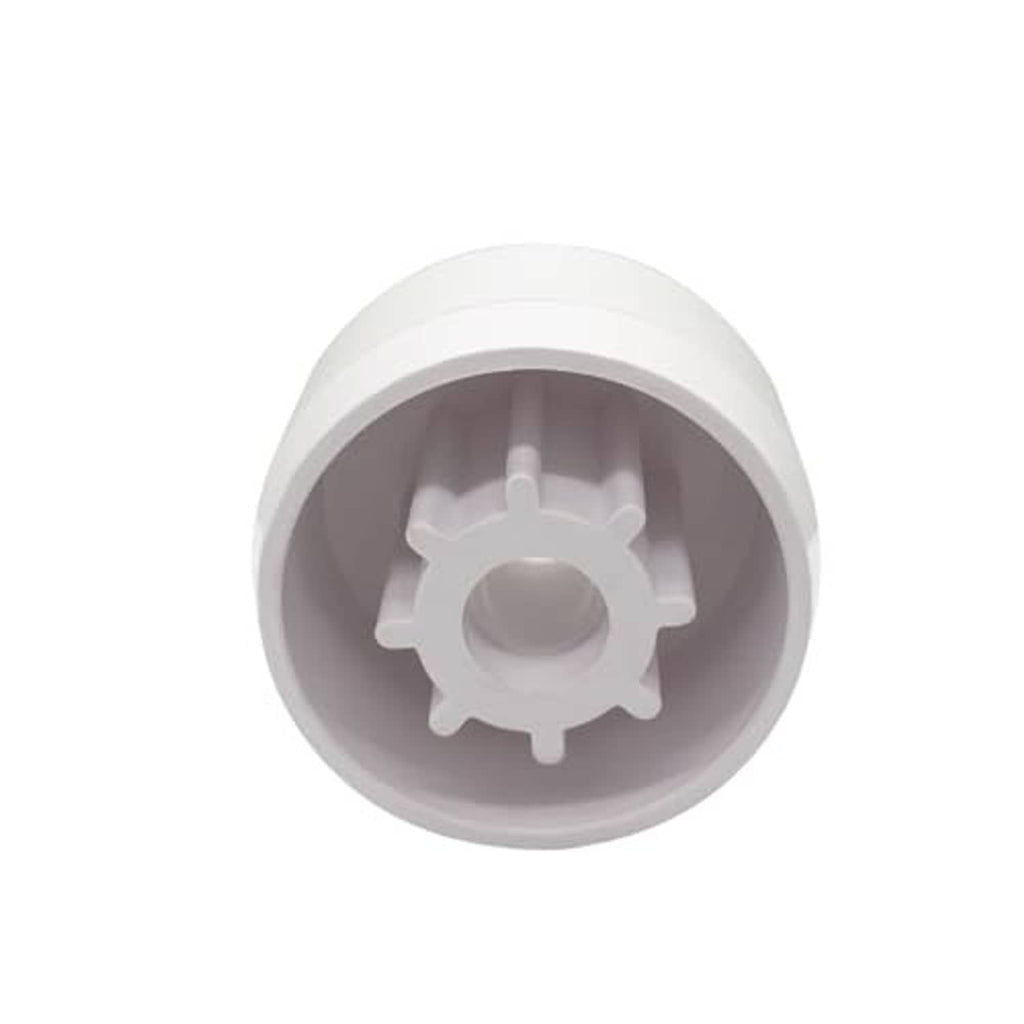 White caster pipe cap fitting interior, gear-like insert around center hole