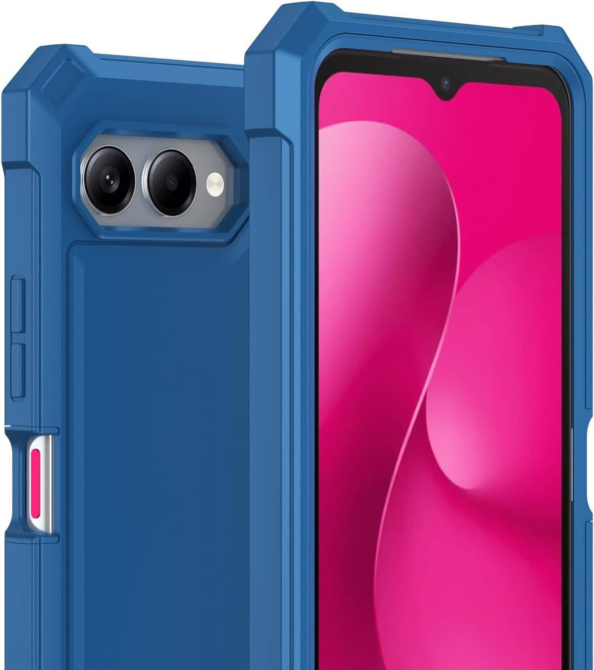 Blue rugged case with front screen protector and dual camera housing