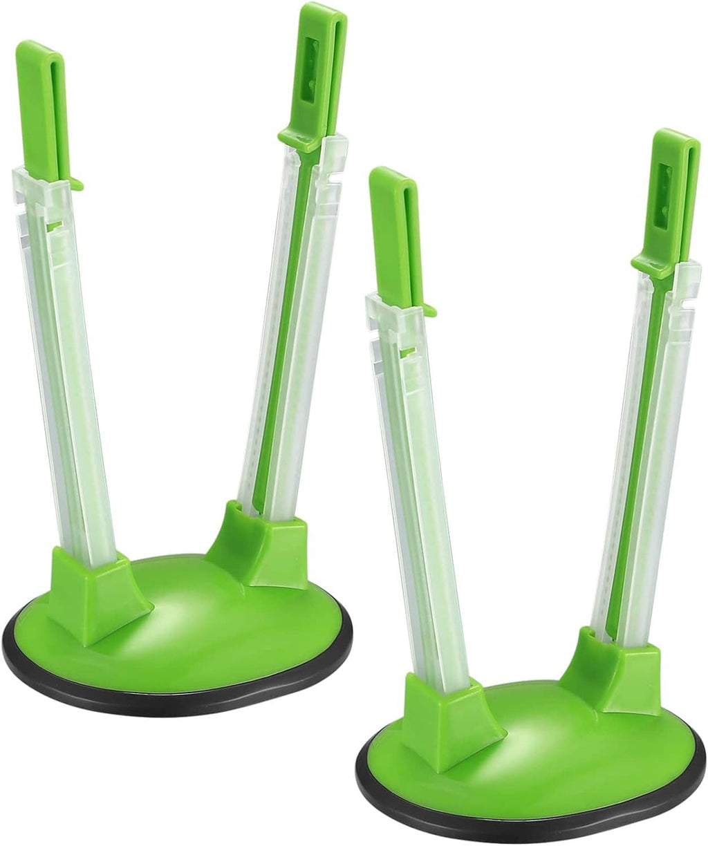 Set of two bag storage holder stands, green bases with clear adjustable rods