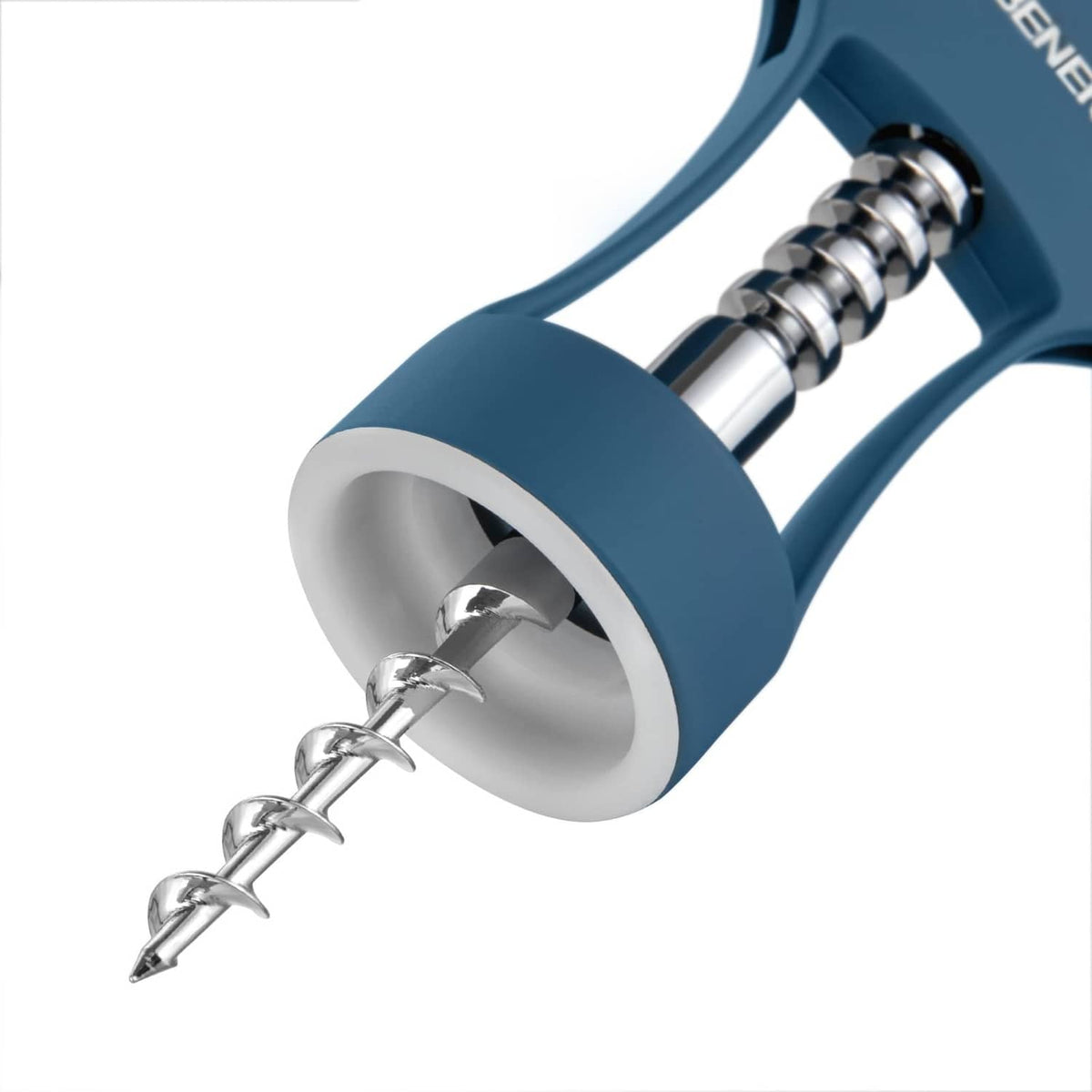 Close-up of chrome cork screw and blue wing corkscrew bottle opener, BENENO.