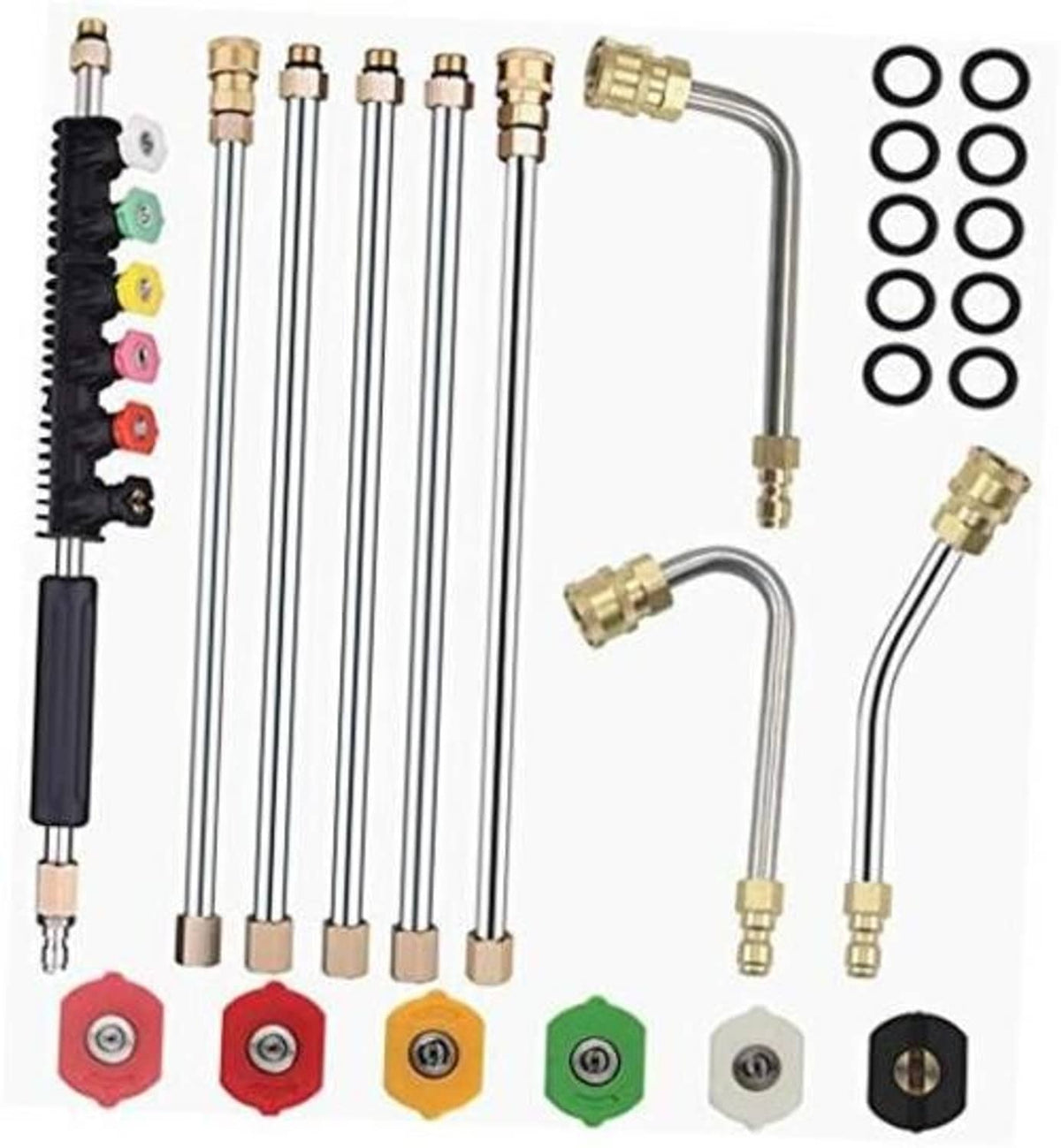 Pressure washer extension wand set with brass quick-connect fittings and colored nozzles