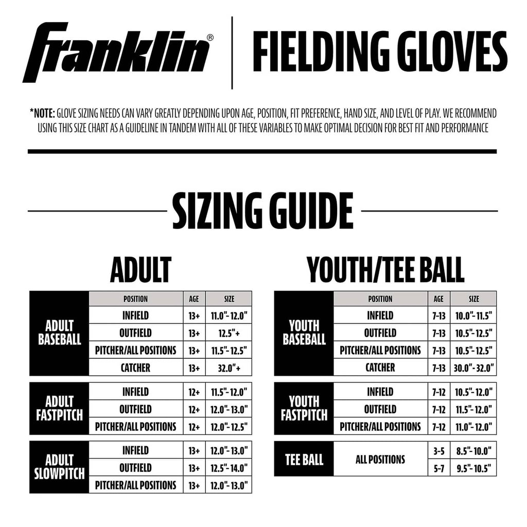 Franklin fielding gloves sizing guide chart for adult and youth/tee ball