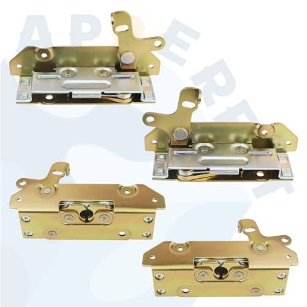 Gold door latch lock components with striker and latch bar, multiple parts shown