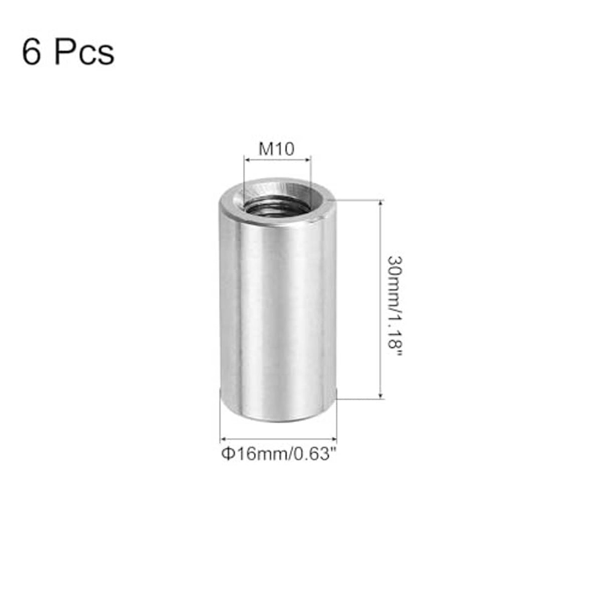 Round stainless steel coupling nut with M10 internal threads and tall cylindrical body