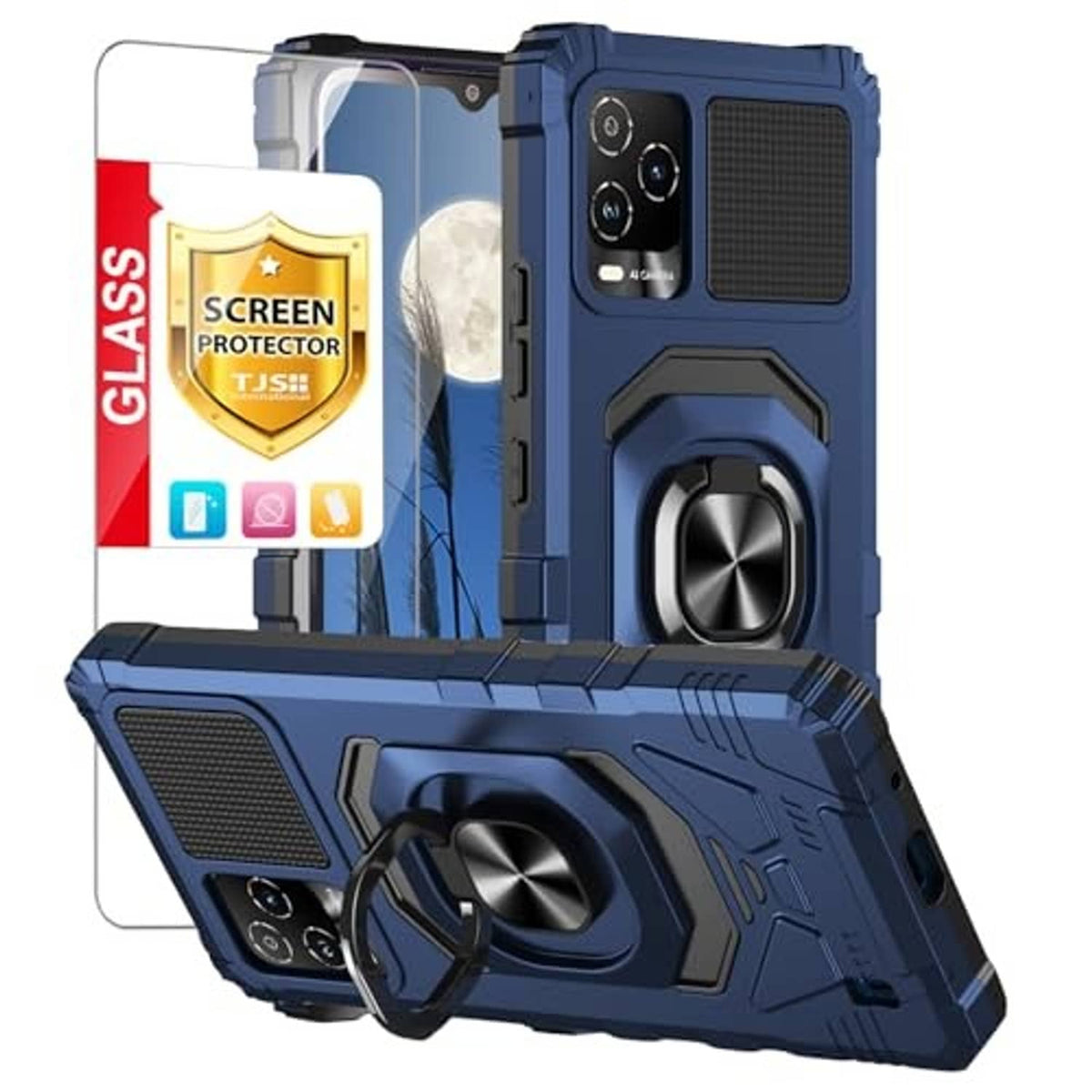 Blue rugged phone case with ring kickstand, camera cutouts, and screen protector
