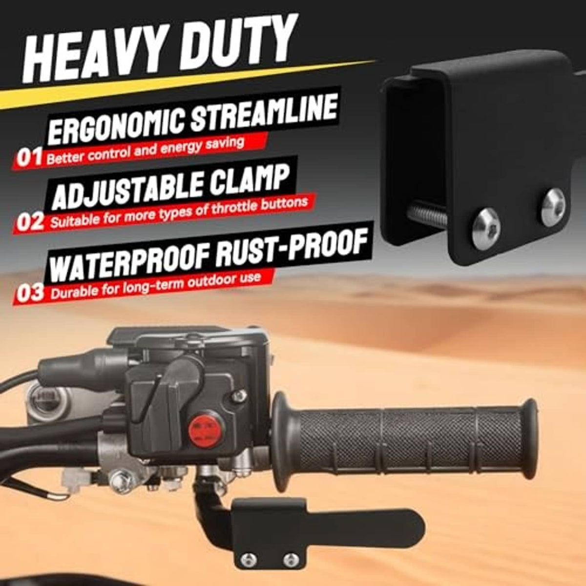 Heavy-duty ATV throttle extender bar, black lever and adjustable clamp with screws