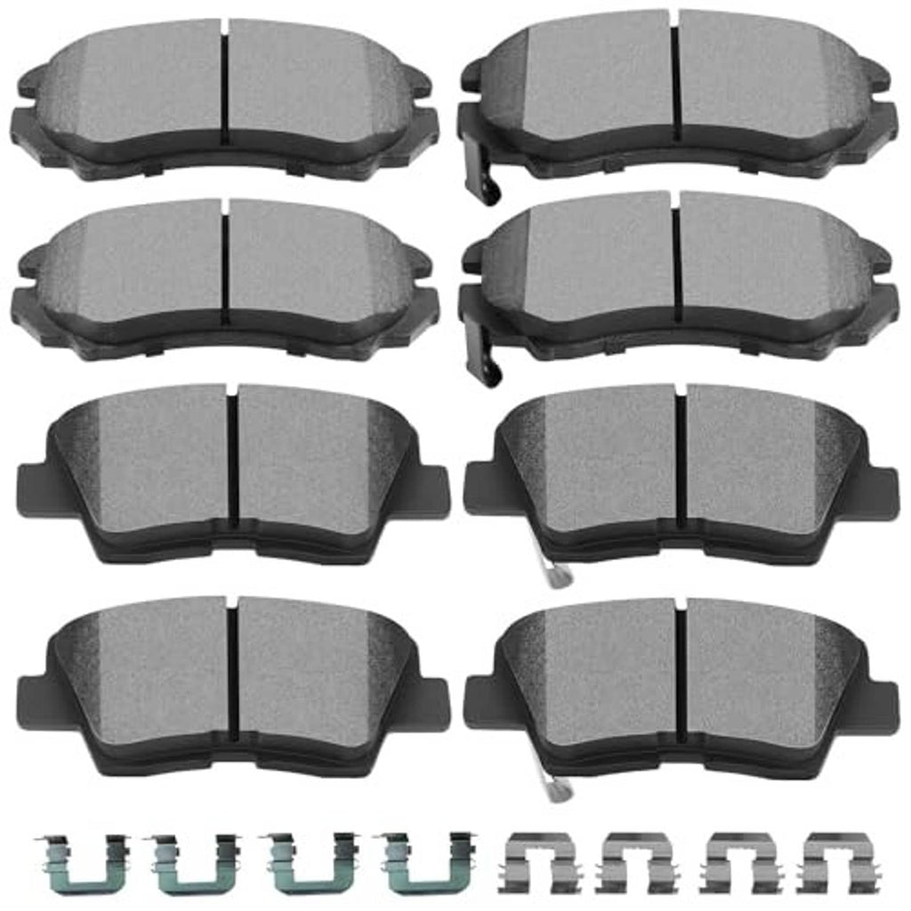 Eight gray ceramic front and rear brake pads with metal backing and mounting hardware