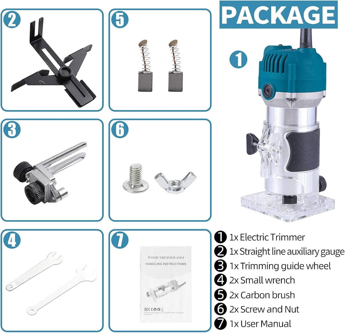 Electric trimmer router tool with included accessories shown in package layout