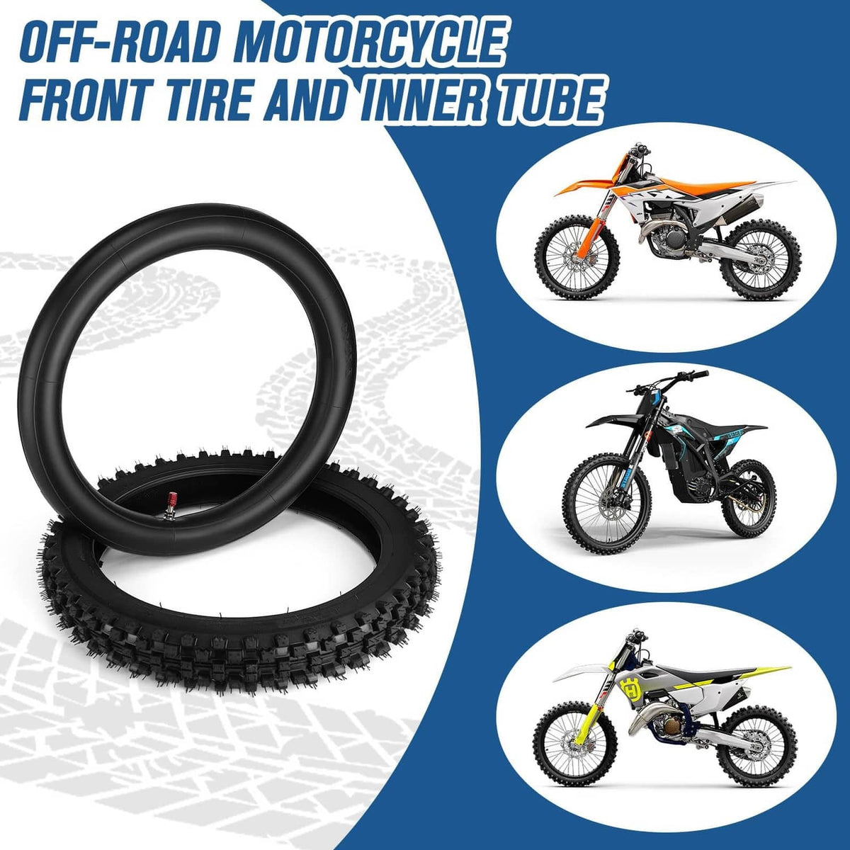 Black front tire with knobby tread and inner tube, shown as a set