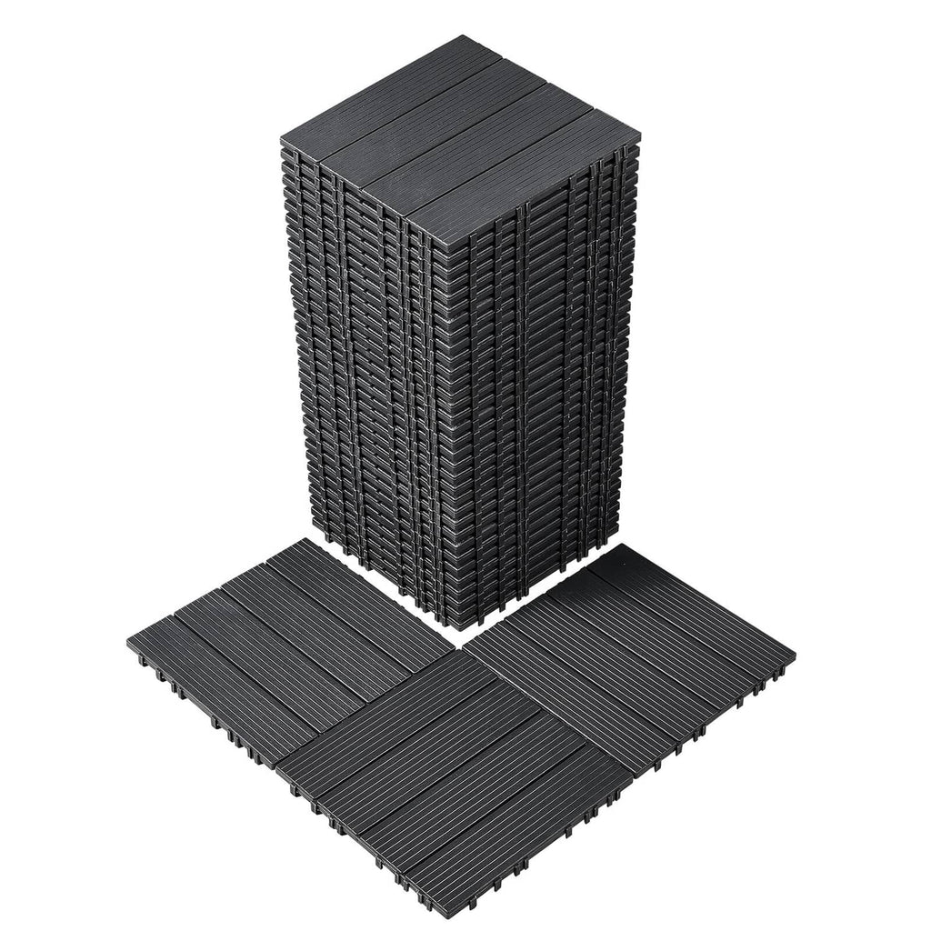 Dark grey interlocking plastic deck tile set, textured slat surface, square pieces