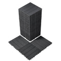 Dark grey interlocking plastic deck tile set, textured slat surface, square pieces