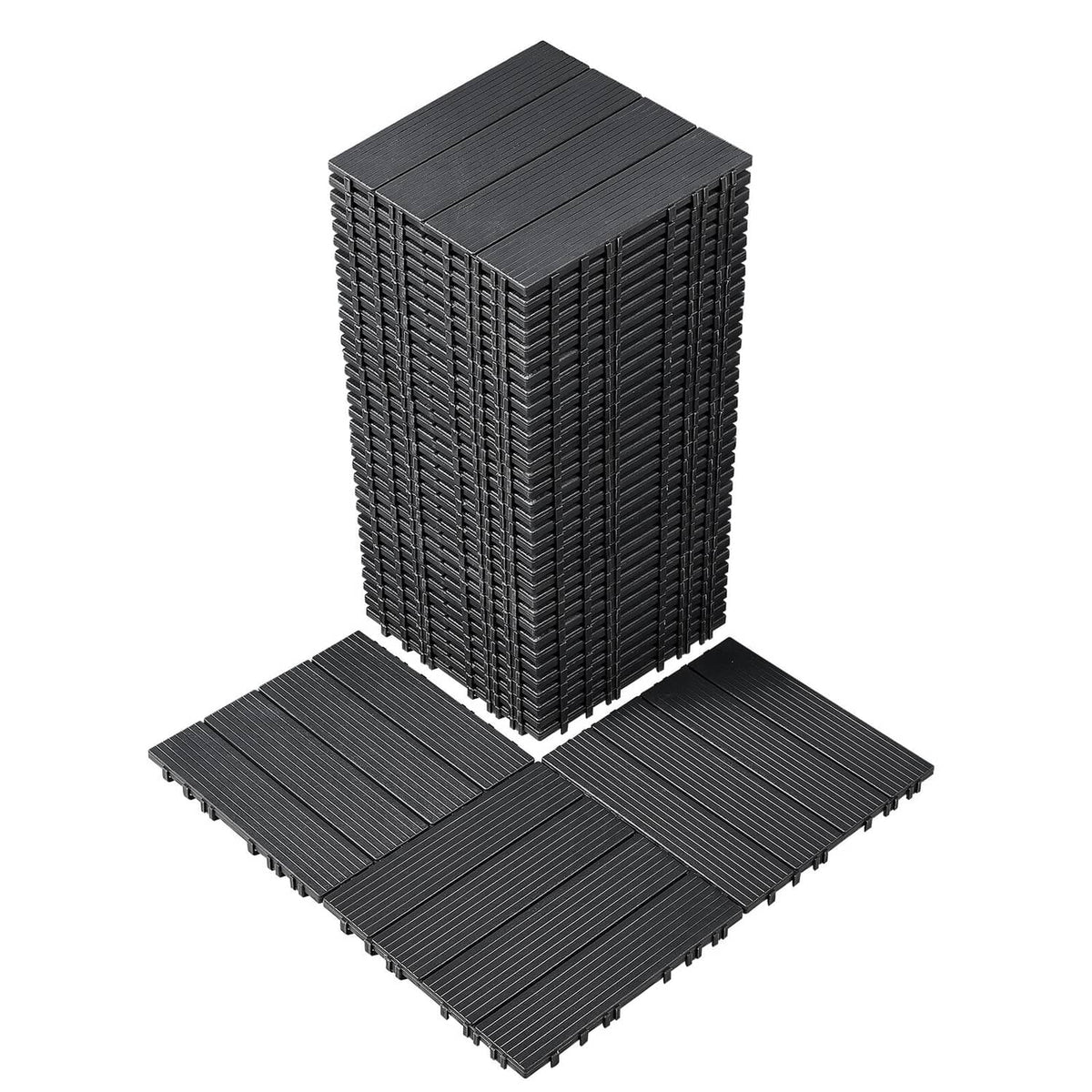 Dark grey interlocking plastic deck tile set, textured slat surface, square pieces