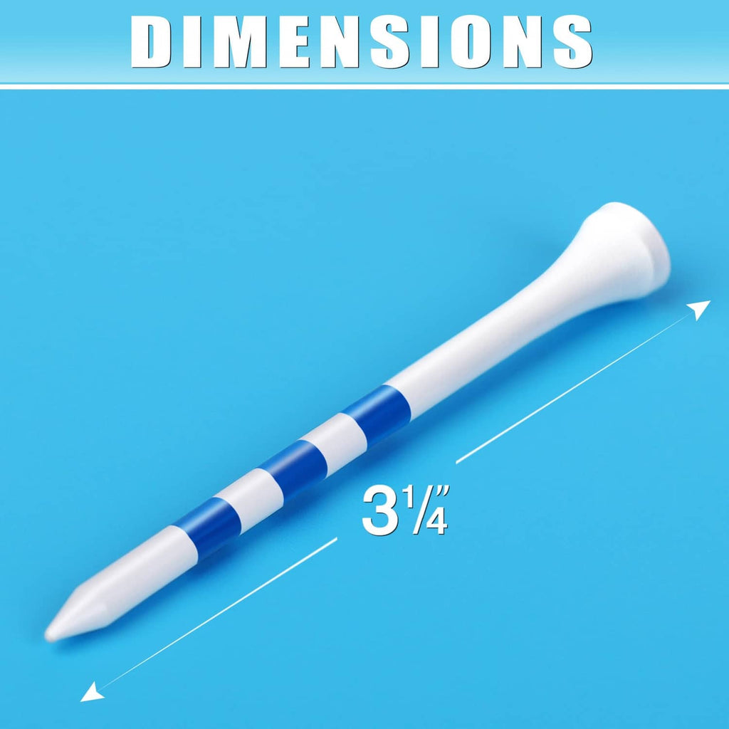 Wood golf tee showing length measurement of 3 1/4 in, with blue-and-white striped band