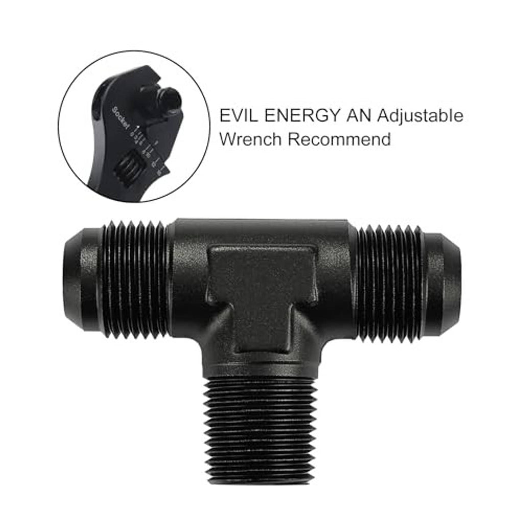 Black 3-way AN tee fitting with 1/2-14 NPT threads on opposite ports