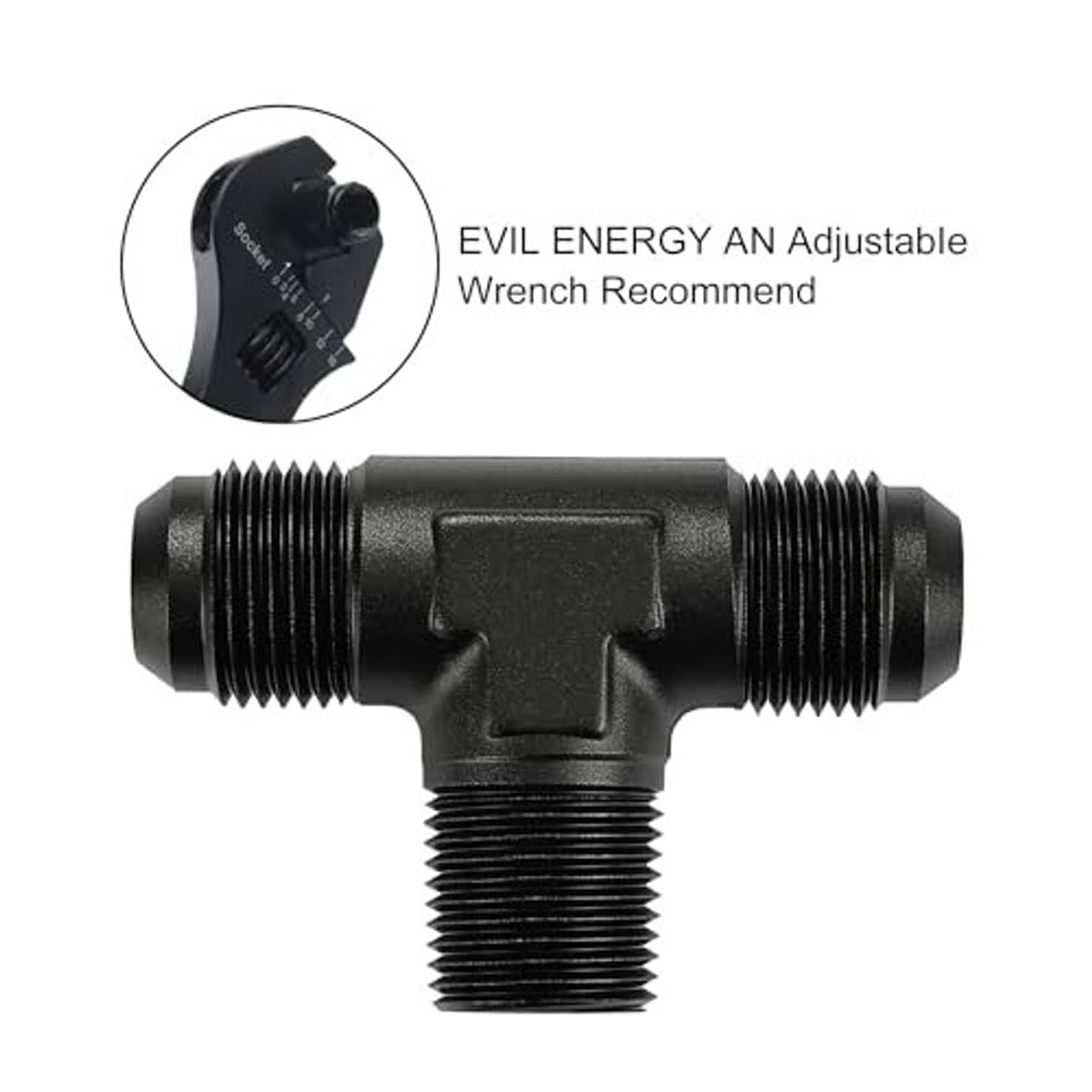 Black 3-way AN tee fitting with 1/2-14 NPT threads on opposite ports