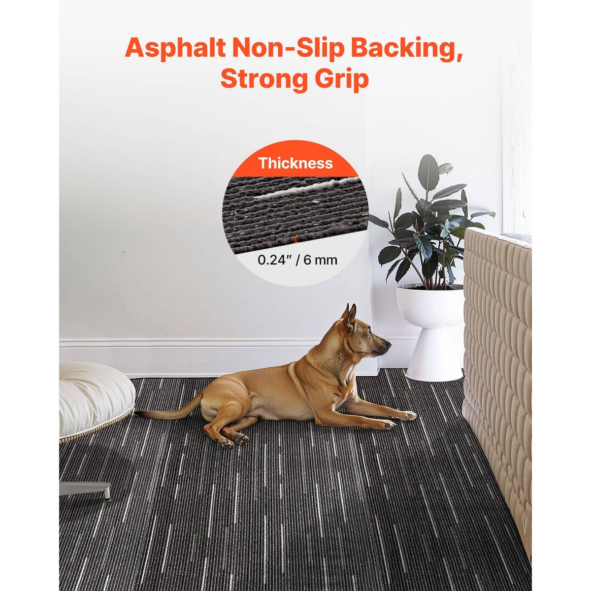 Gray carpet tile with non-slip backing detail, textured striped surface