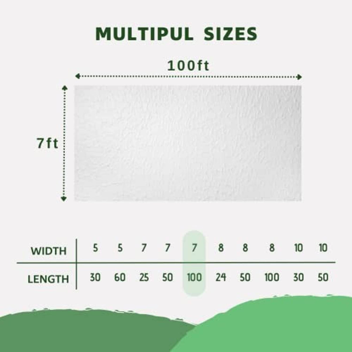 Garden frost cloth size chart, 7 ft width and up to 100 ft length