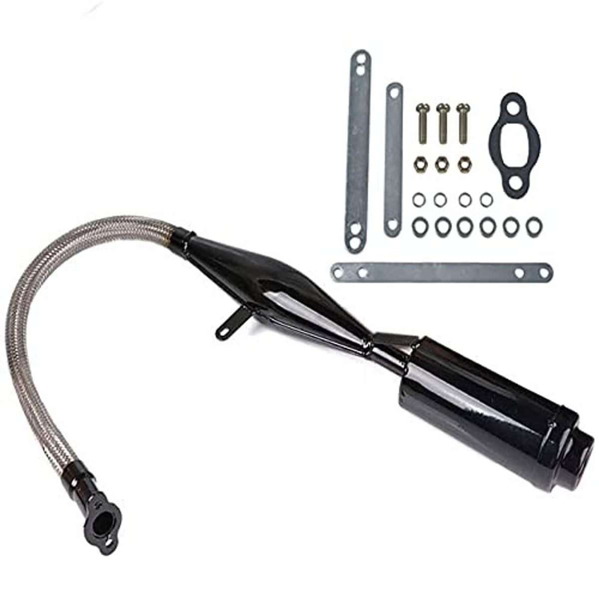 2-stroke exhaust muffler silencer kit with flex header pipe and bracket hardware