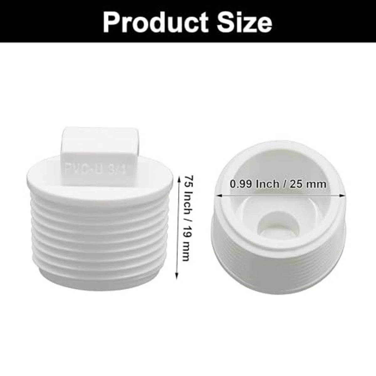 White PVC 3/4 in male-thread pipe end cap plug, 0.99 in wide, 1.91 in tall