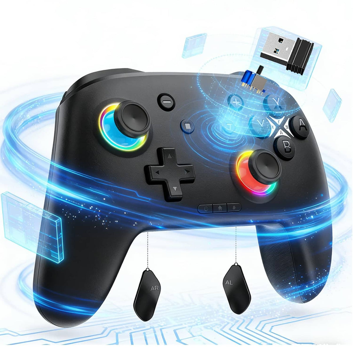 Black wireless game controller with two analog sticks, D-pad, and multi-color light rings