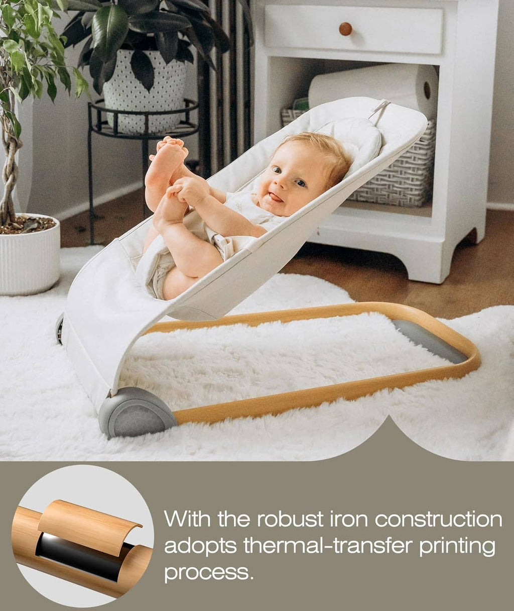Baby bouncer with plush cushion and harness, infant lying back with legs raised