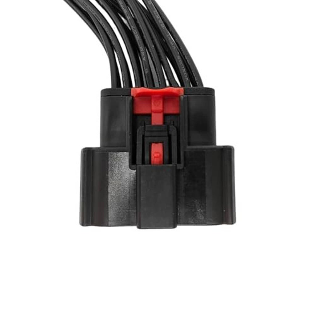 Headlight wiring connector pigtail harness with black housing, red latch, and wire terminals