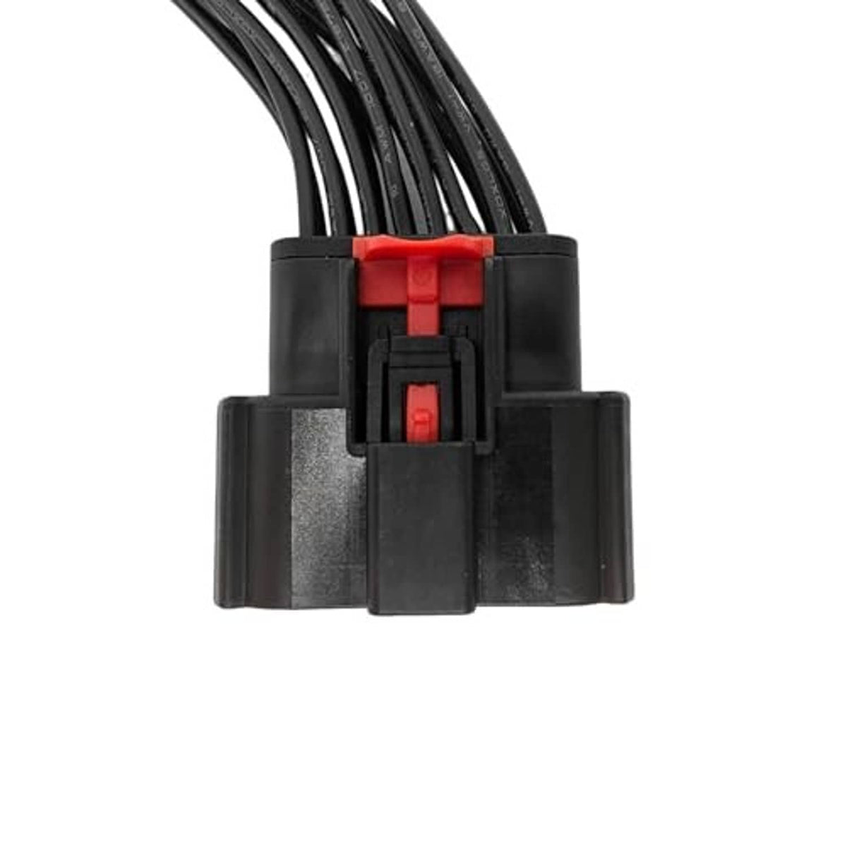 Headlight wiring connector pigtail harness with black housing, red latch, and wire terminals