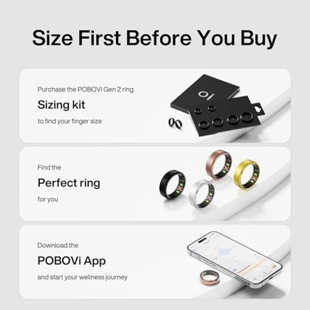 Matte rose gold titanium smart ring displayed with sizing kit icons and black sensor window