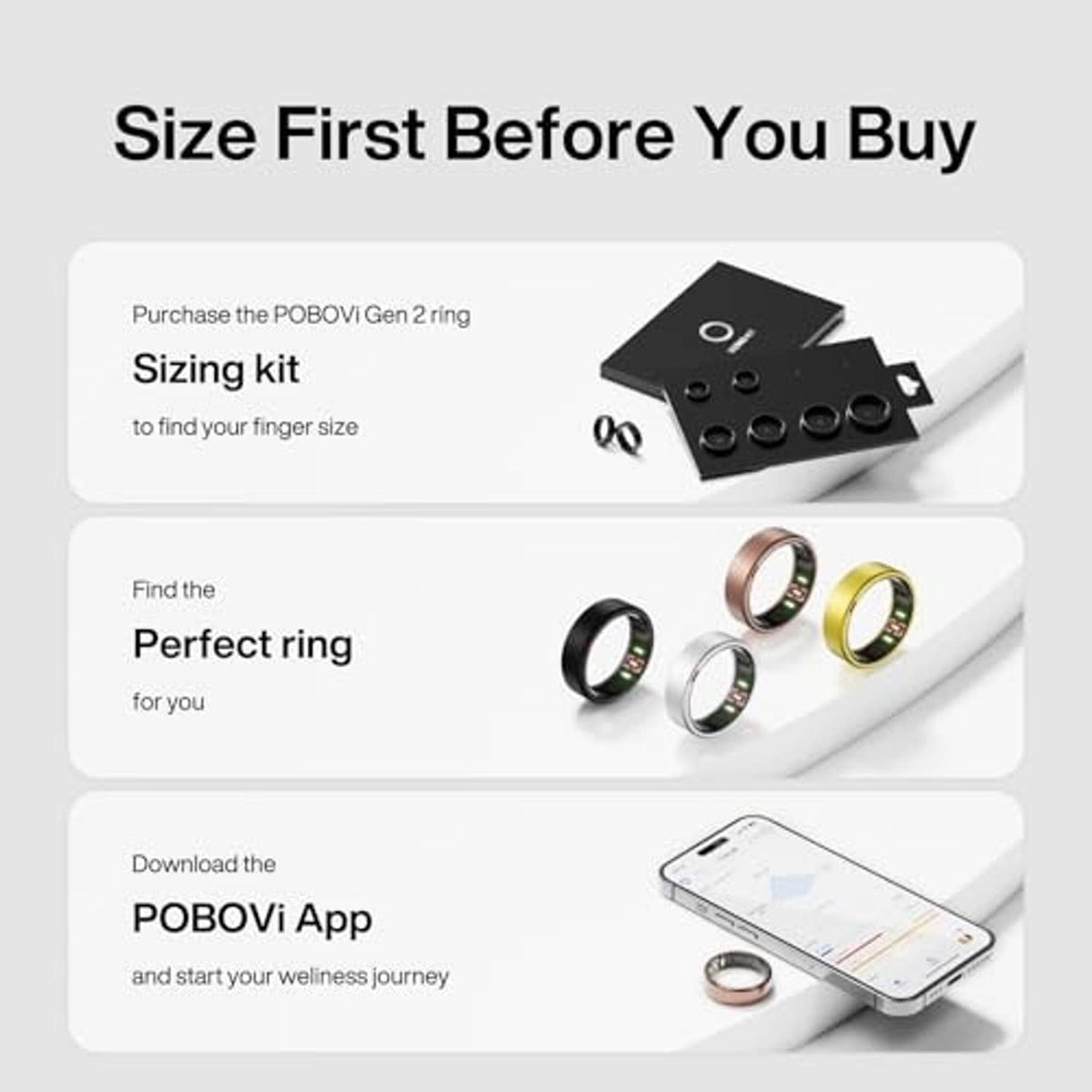 Matte rose gold titanium smart ring displayed with sizing kit icons and black sensor window