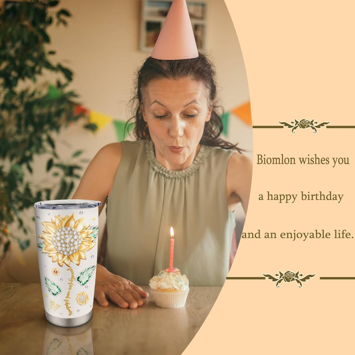 White 20 oz birthday tumbler with gold flower and green butterfly artwork