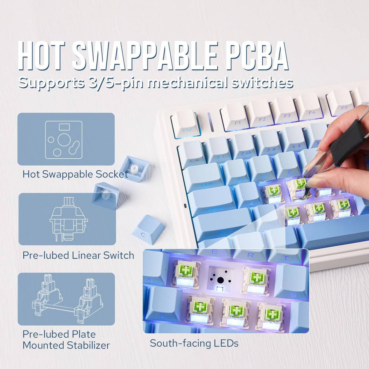 Hot-swappable mechanical keyboard PCB with blue keycaps and exposed switch area