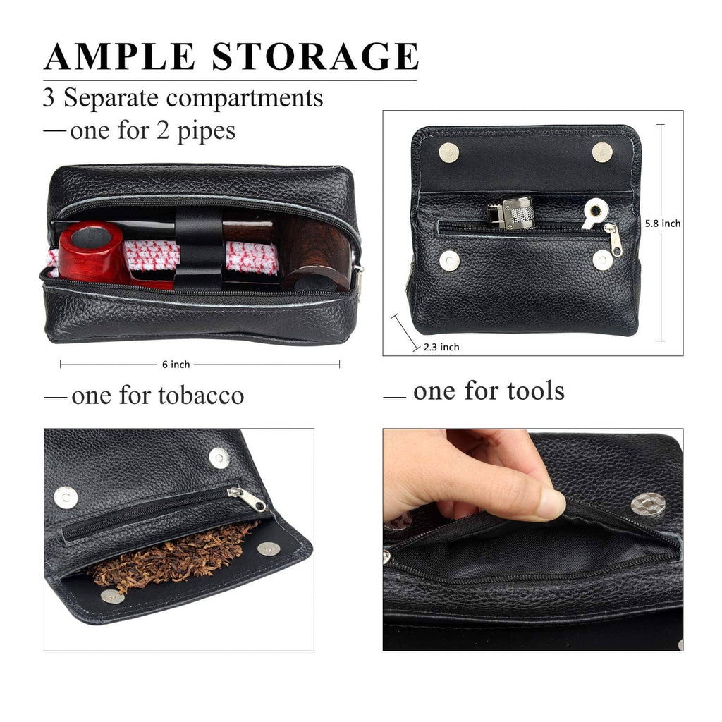 Black leather pipe pouch with two compartments and front snap button closure