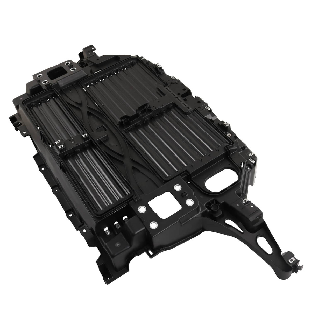 Black active grille shutter motor assembly with louvered grille panels and bracket holes