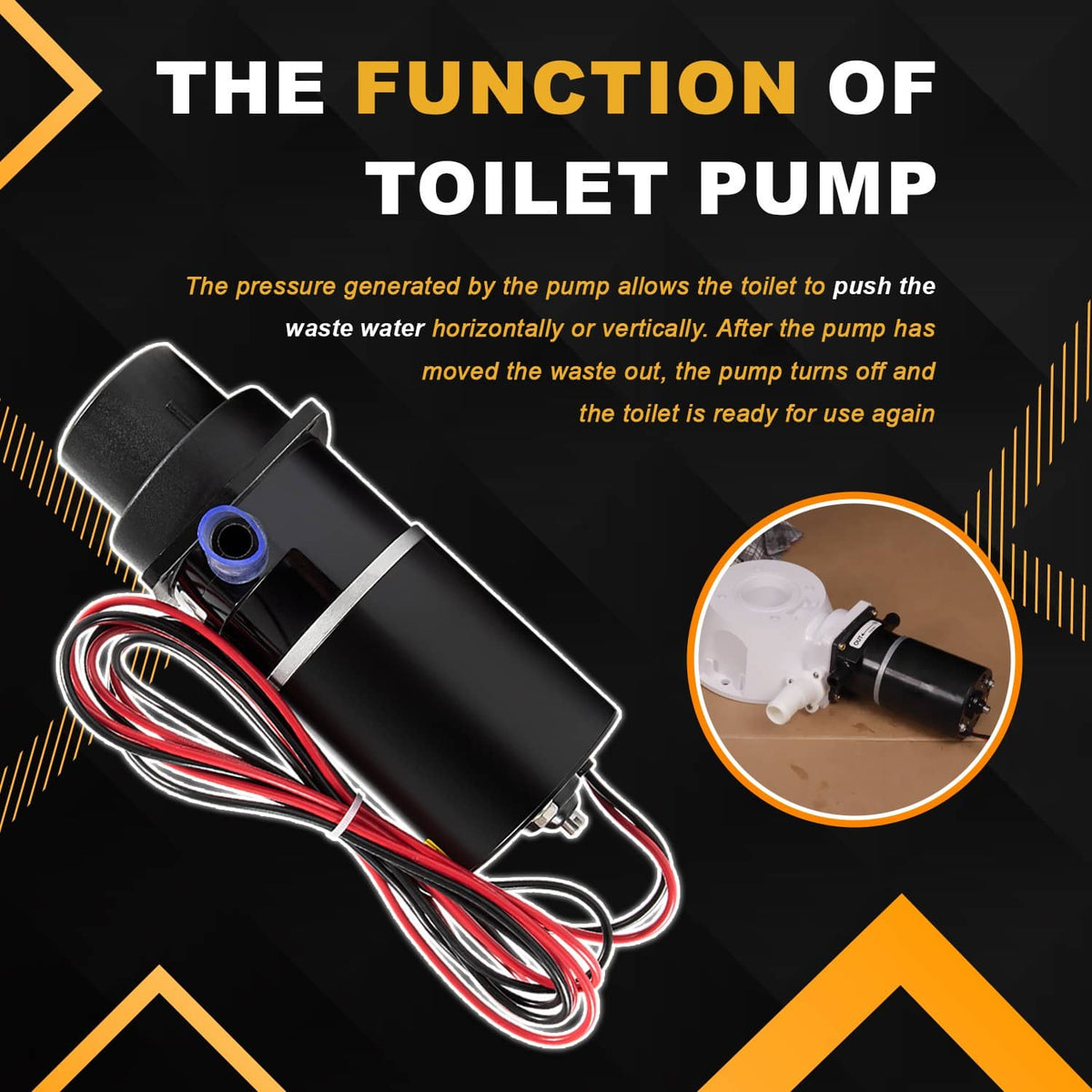 Toilet macerator pump motor with power wiring and suction discharge hose