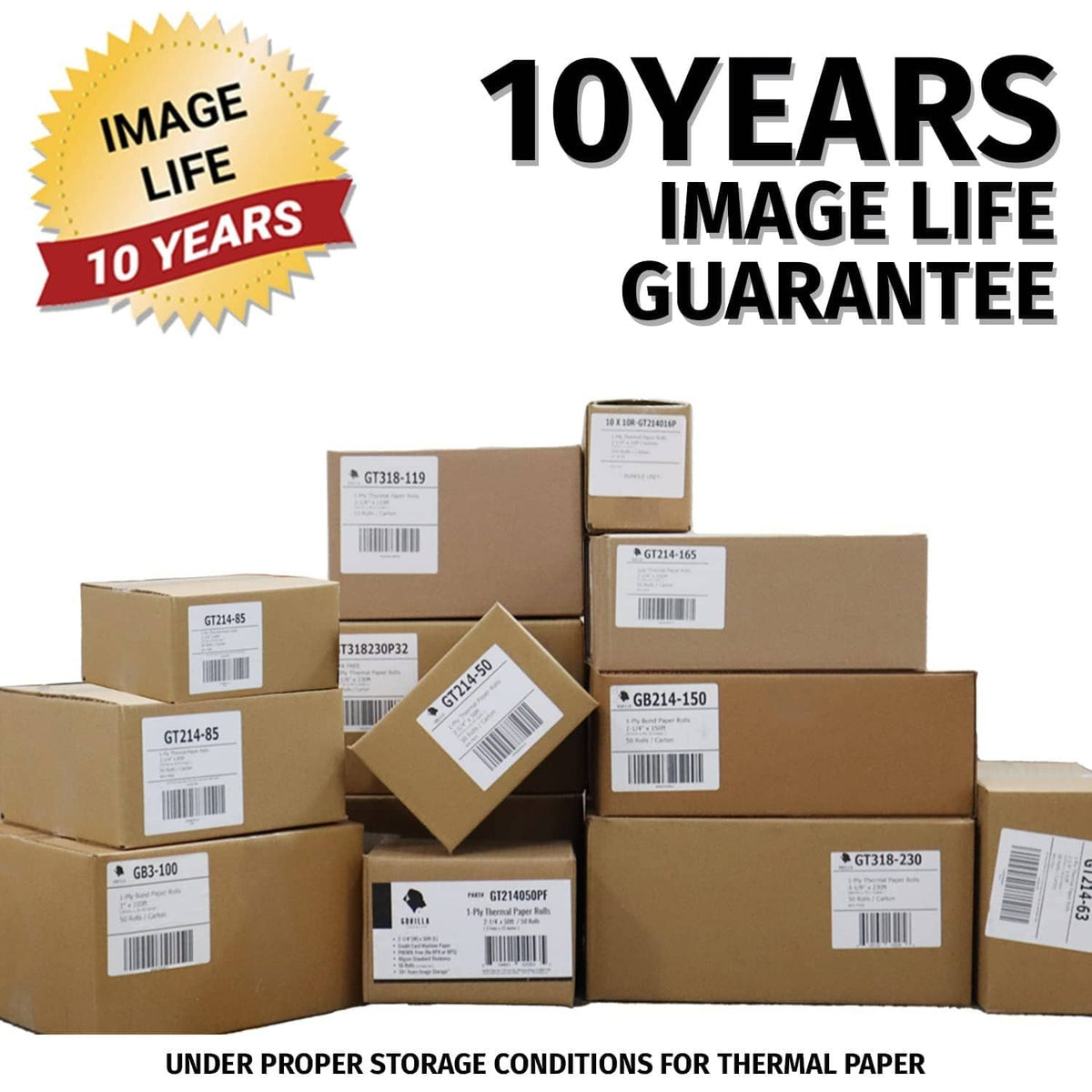 Thermal paper rolls in multiple cardboard boxes with barcode and shipping labels