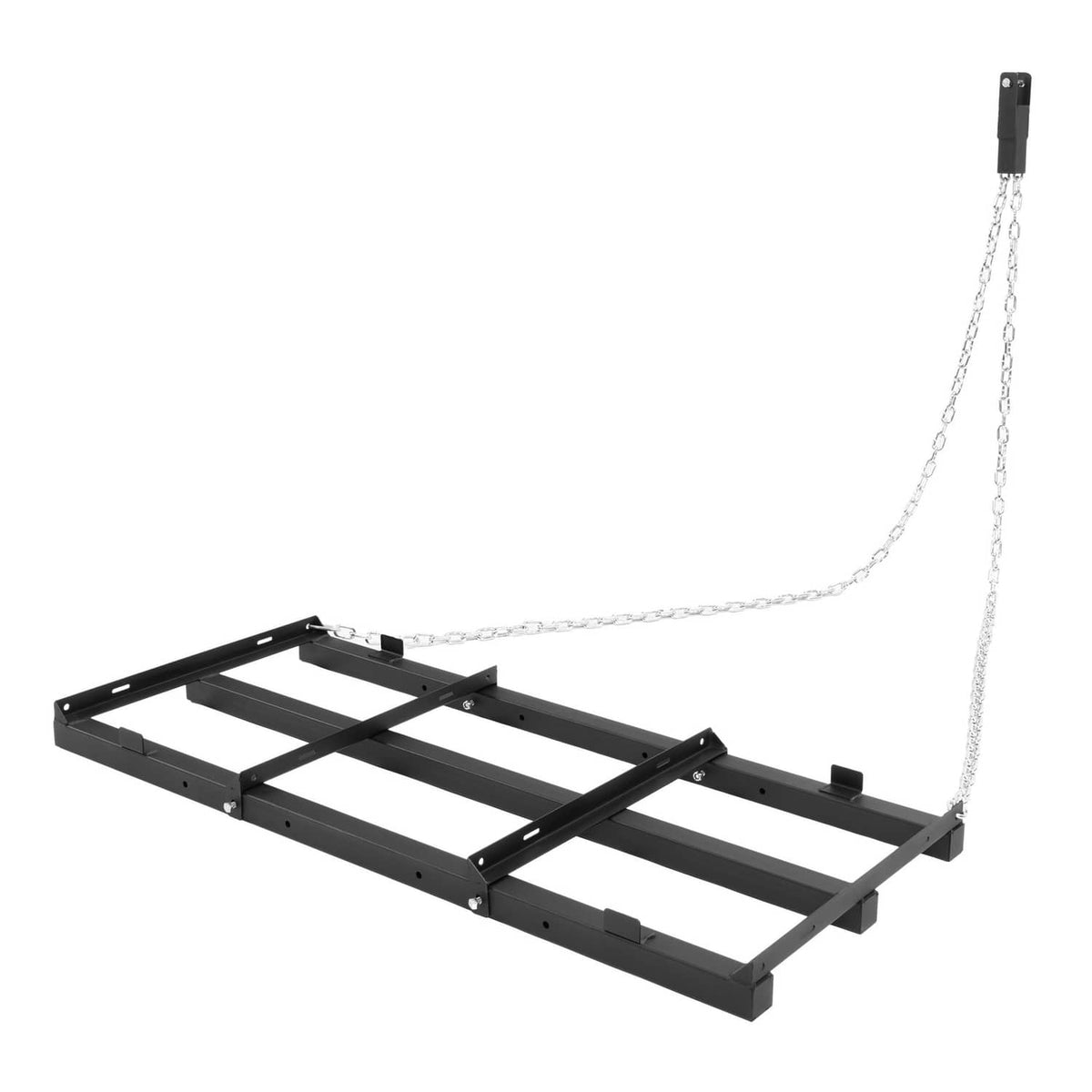Tow-behind drag harrow with black metal frame and chain hitch