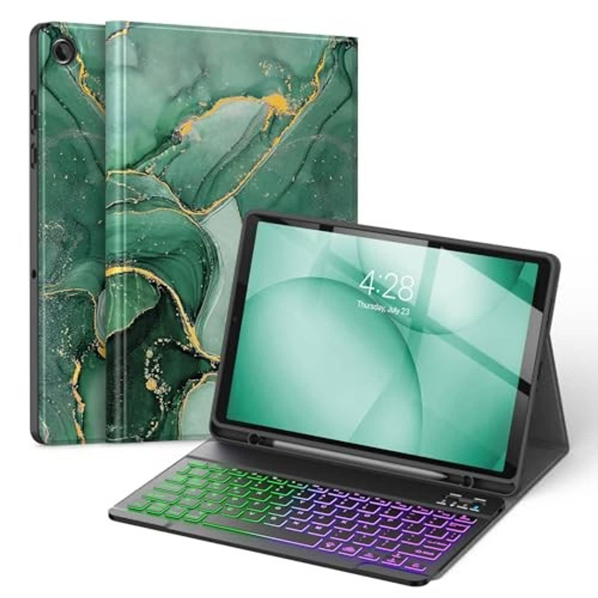Green marble folio keyboard case with stand, tablet open and detachable keyboard attached