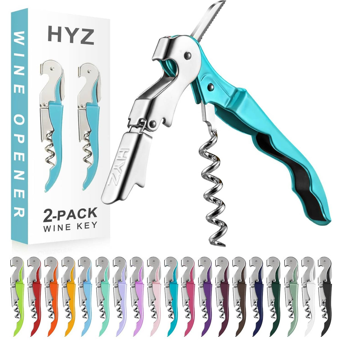 Blue wine corkscrew key set, two bottle openers in teal and silver with cork puller.