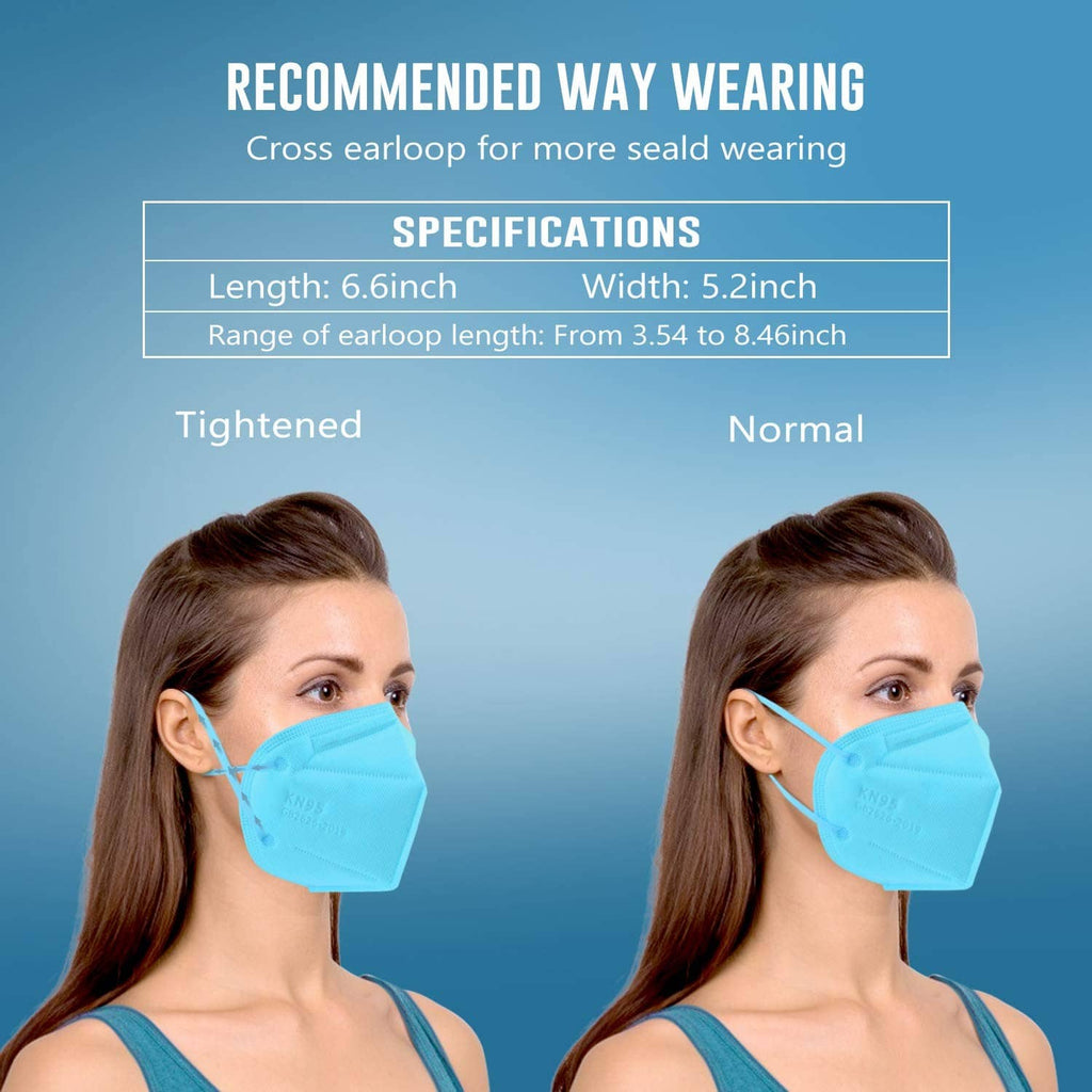 Light blue KN95 face mask on model with secure sealed fit and ear loop straps