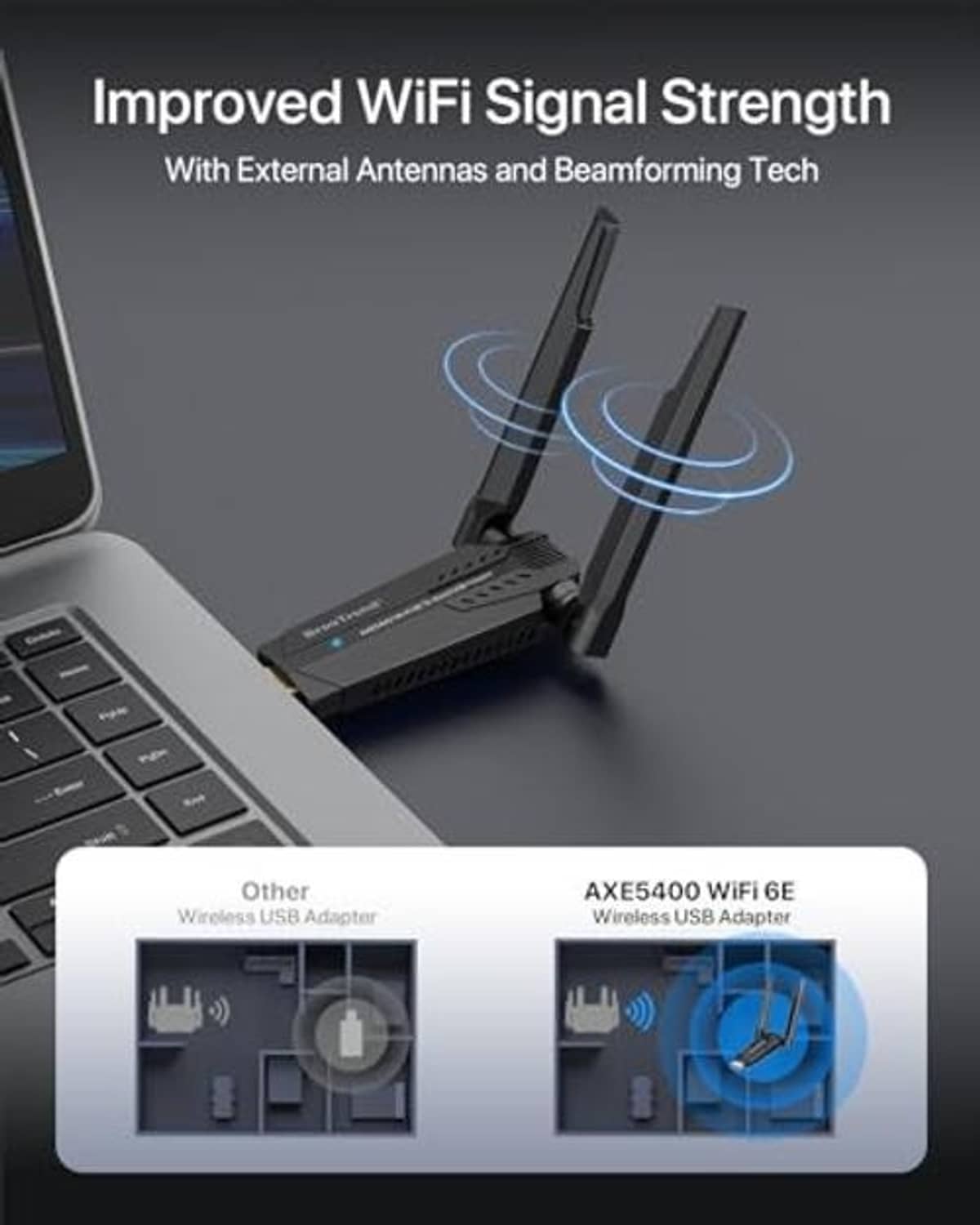 WiFi 6E USB adapter on a laptop desk with two external antennas