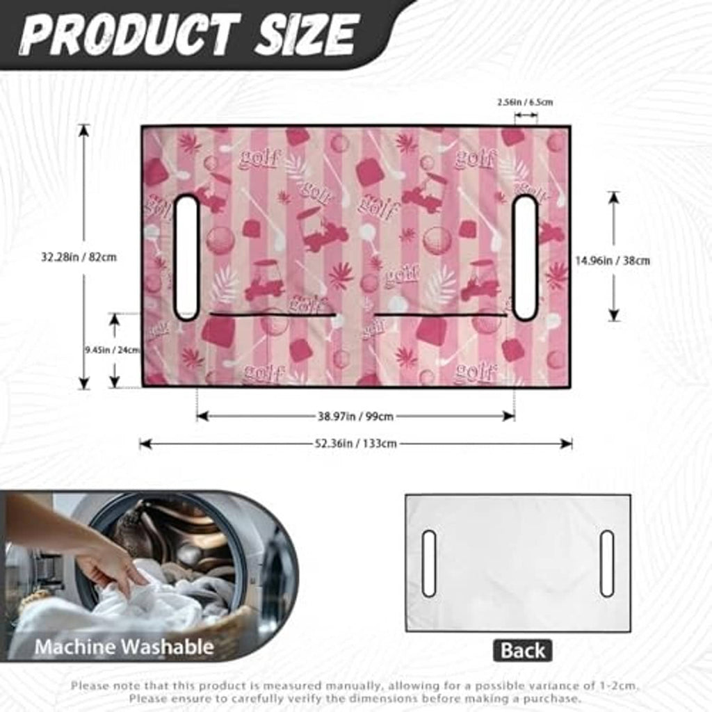 Pink golf cart seat cover towel size diagram with golf pattern and side handle openings