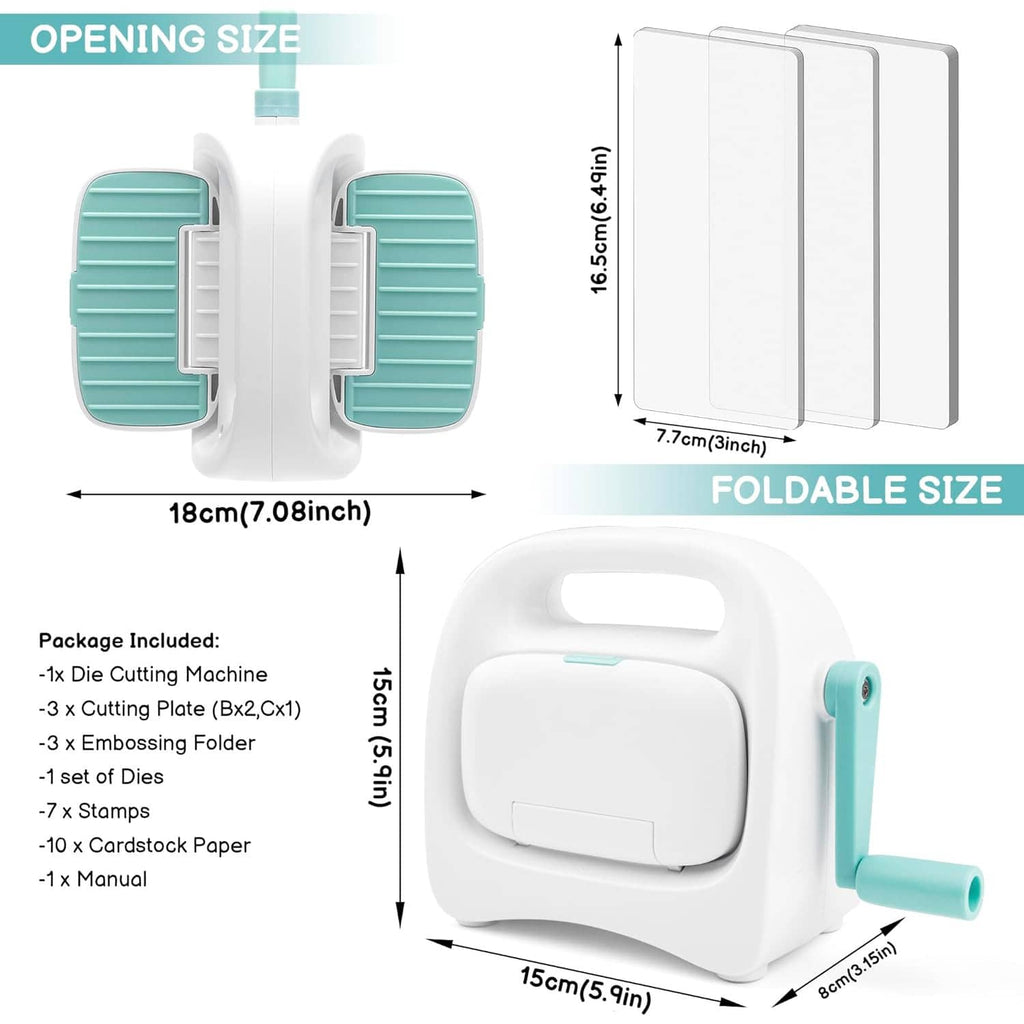 Foldable mini die cutting machine with teal side grips and adjustable opening