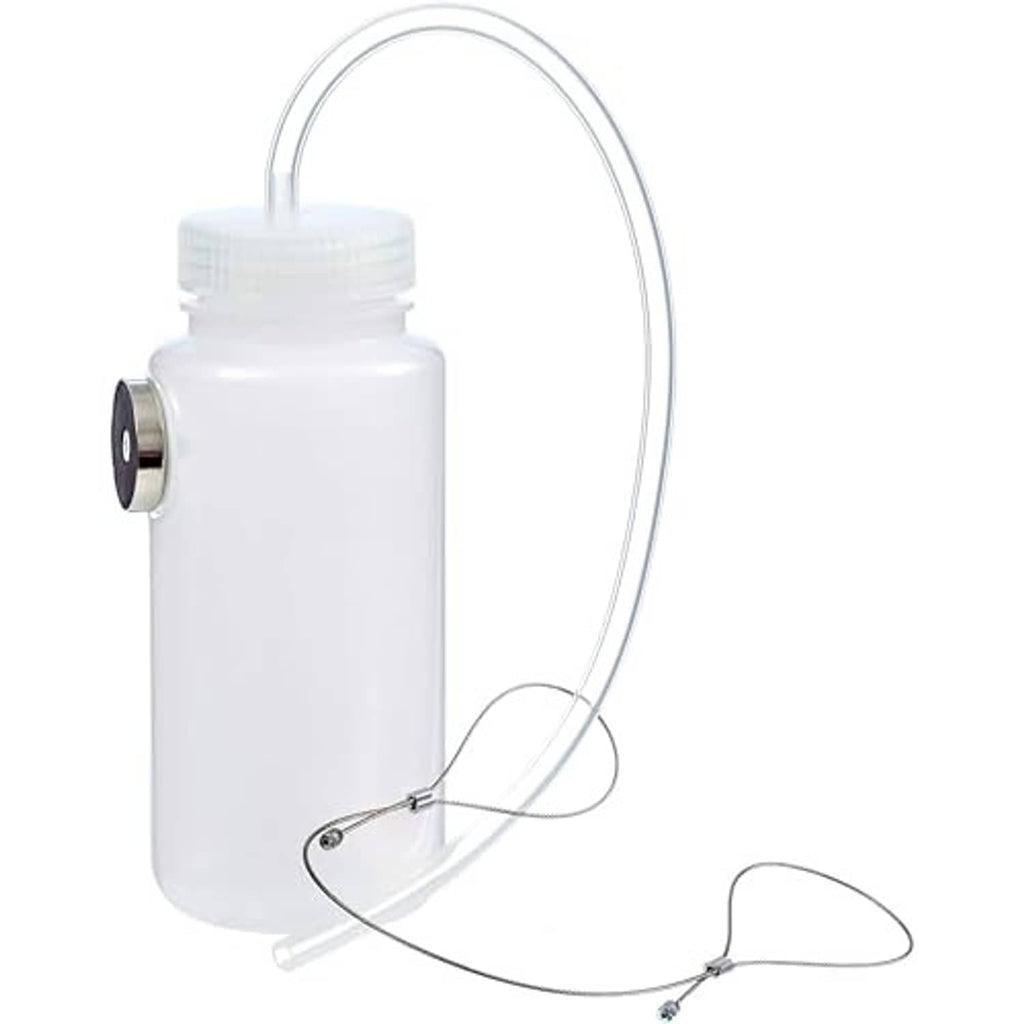 White brake fluid bleeder bottle with clear tube and two lanyard-style control clips