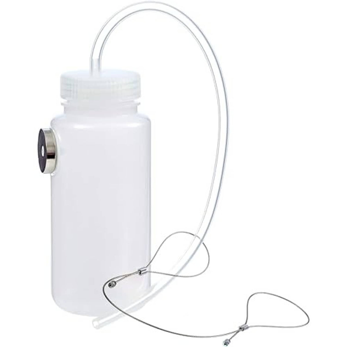 White brake fluid bleeder bottle with clear tube and two lanyard-style control clips